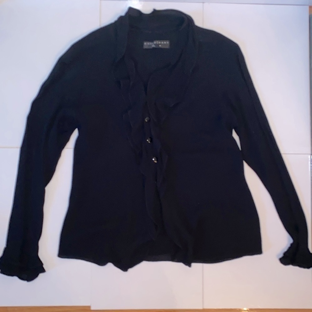 David Dart black ruffle rayon blouse. Size PS. 21” length. Front Button closure.